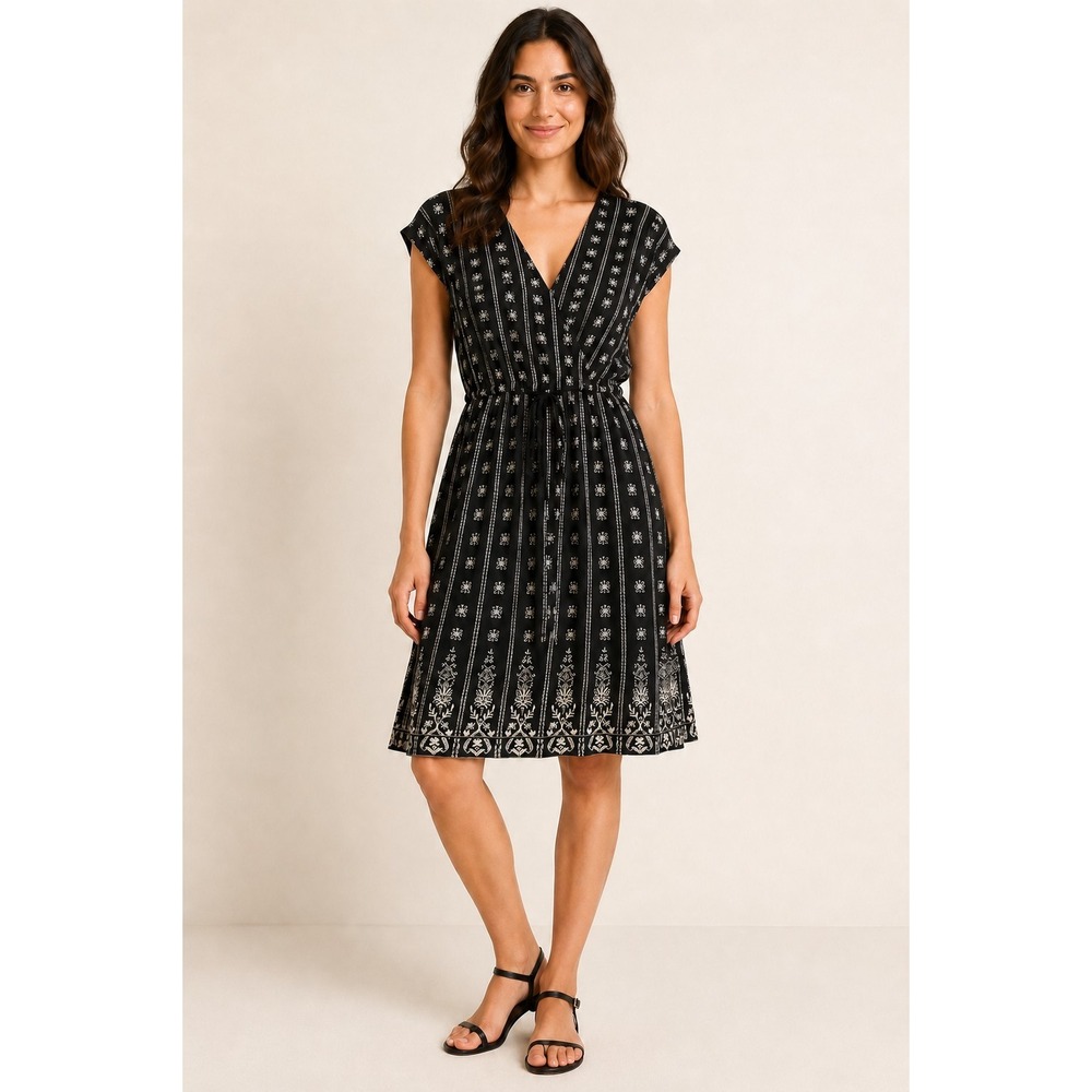 Lucky Brand Women's XS Black Ivory Border Print Faux Wrap Tie Waist Boho Dress